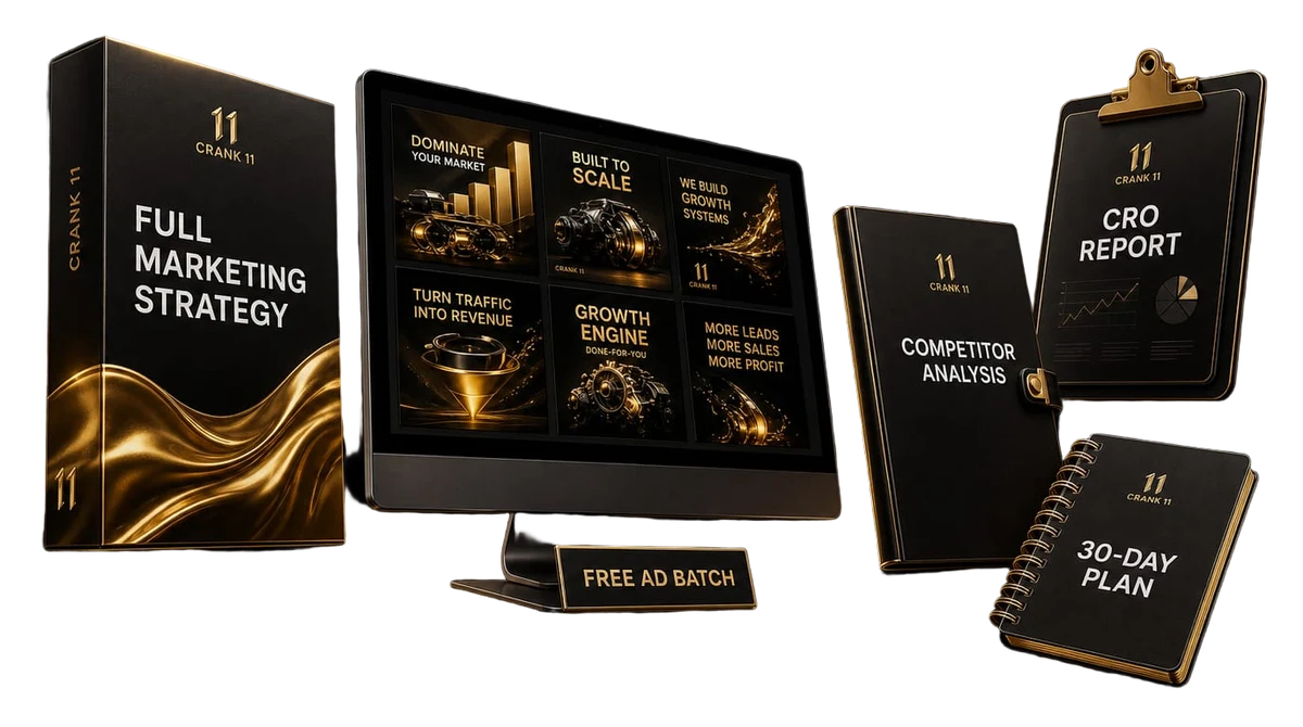 The full Crank Audit bundle: strategy, free ads, competitor analysis, CRO report and the 30-day plan